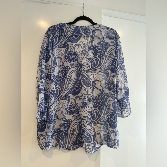Susan Graver Style Pullover Top Sheer Plus 1X Blue White Swirl Chiffon Tunic Top - Picture 7 of 10